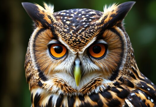 There is a close-up of an owl with orange eyes - Powered by Adobe