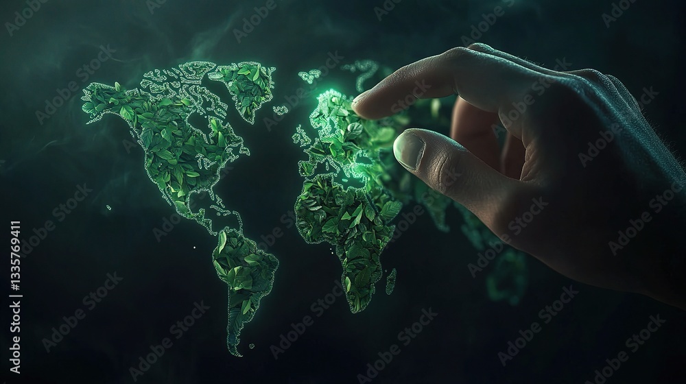 Poster global connection: a hand delicately interacts with a shimmering, digital world map, pinpointing a l