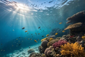 Naklejka premium Underwater sun rays penetrating the ocean.