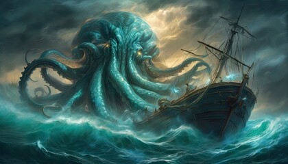 Giant octopus destroying a ship