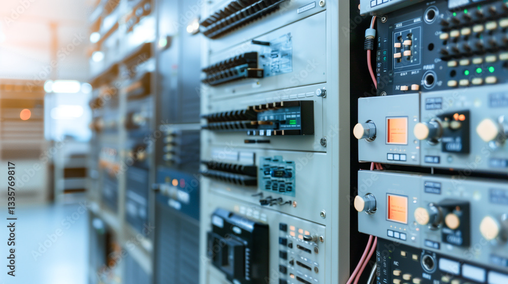 Poster technology infrastructure: a close-up view of server racks filled with complex technological equipme