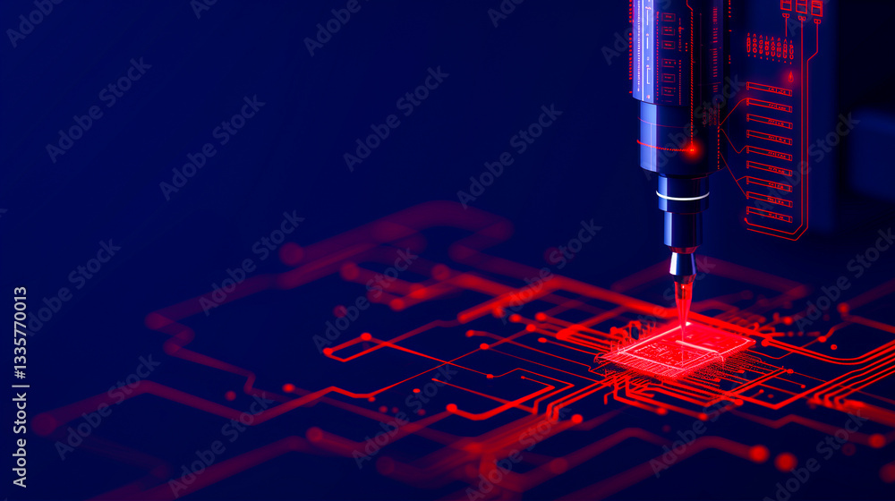 Poster precision engineering: a close-up captures the meticulous work of a robotic arm, laser etching intri
