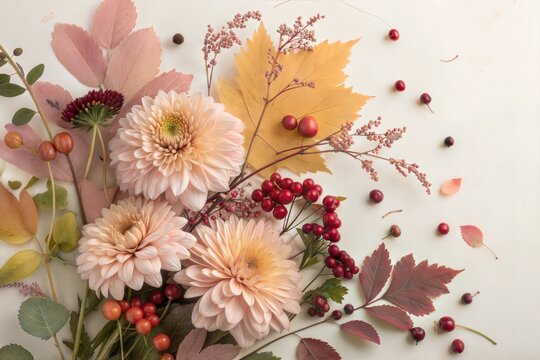 Autumn pastel floral composition with flowers and berries on a light backdrop