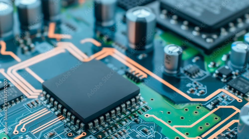 Poster circuit board close-up: capturing the intricate details of a cutting-edge circuit board, with focus 