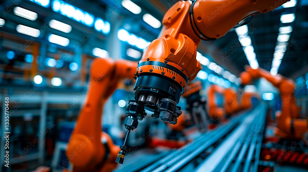 Poster robotic precision: a dynamic shot of advanced robotic arms in a high-tech factory setting, focused o