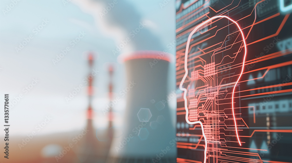 Poster ai-powered energy: a conceptual visualization blending futuristic technology with industrial infrast