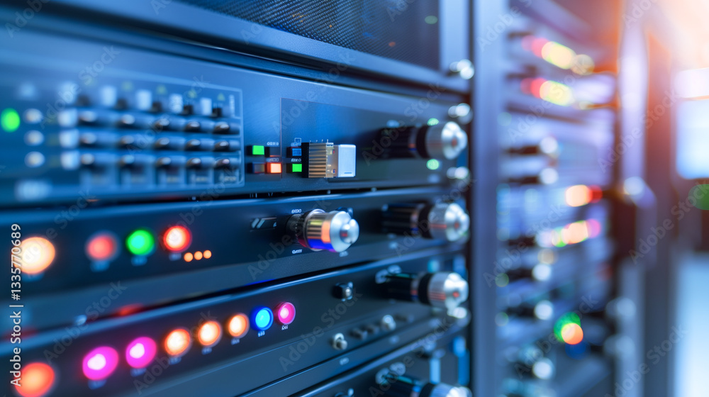 Poster server rack: a close-up shot of a server rack filled with network equipment, with flashing lights an