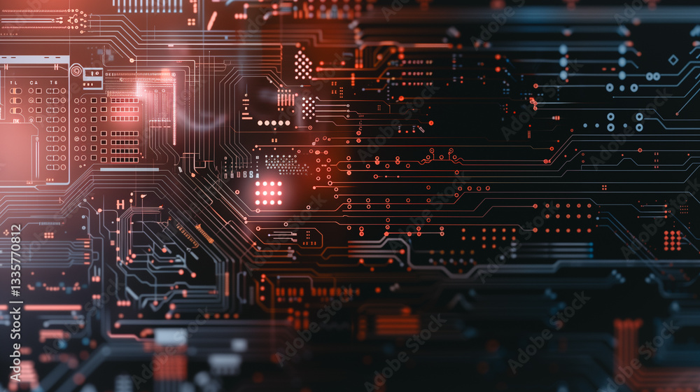 Poster glowing circuit board: illuminated by an internal light, a close-up shot of a circuit board reveals 