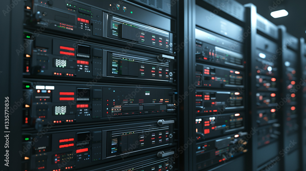 Poster data center's backbone: a detailed view of a data center's server rack, showcasing high-tech servers