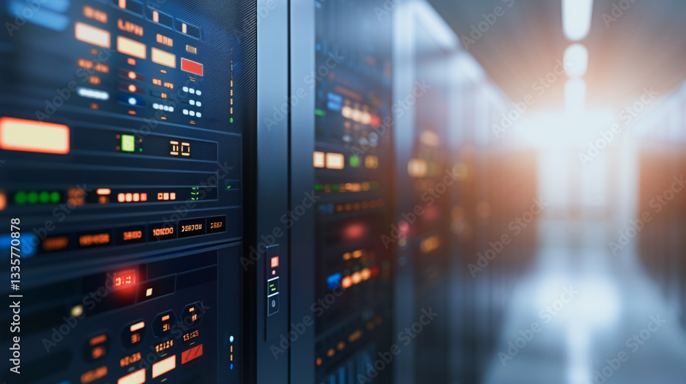 Poster data center: a network of server racks hums with activity in a modern data center, illuminated by a 