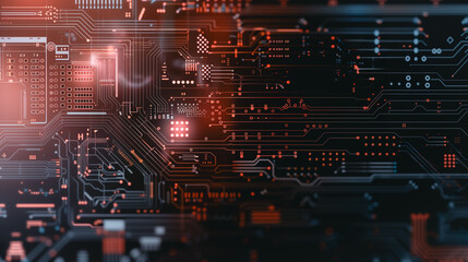 Obraz premium Glowing Circuit Board: Illuminated by an internal light, a close-up shot of a circuit board reveals its intricate network of pathways. The digital realm comes to life.