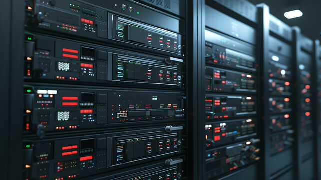 Data Center's Backbone: A detailed view of a data center's server rack, showcasing high-tech servers humming with activity, the digital heart of modern information processing. 