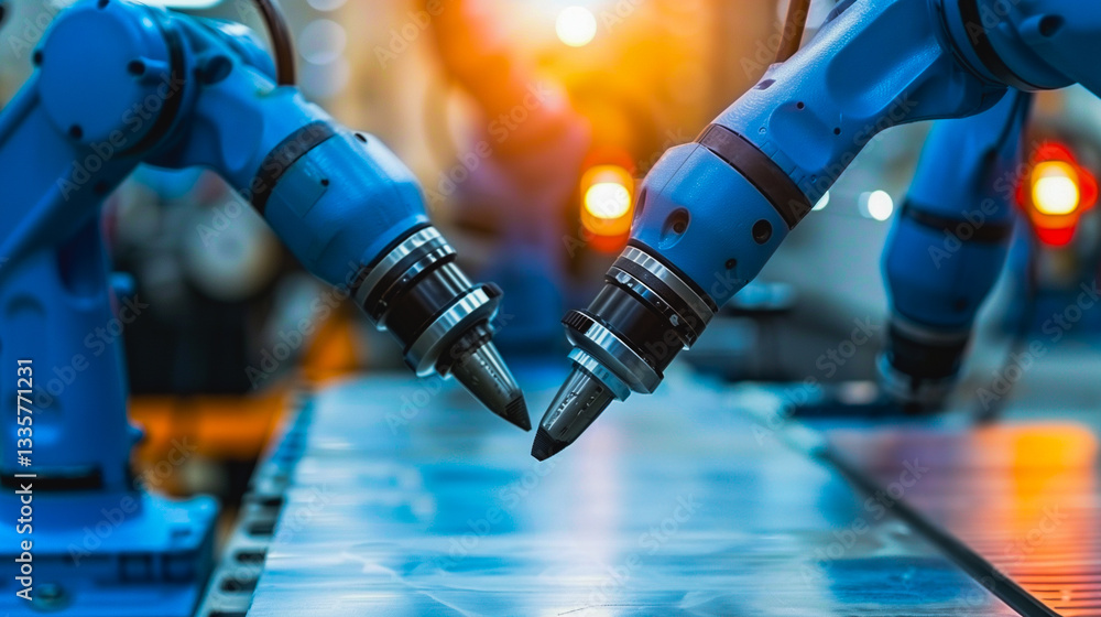 Poster robotic arms: an intricate network of blue robotic arms meticulously working on an automated assembl