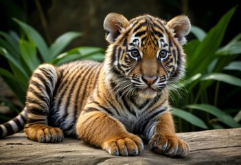 Obraz premium There's a tiger cub lying on a log