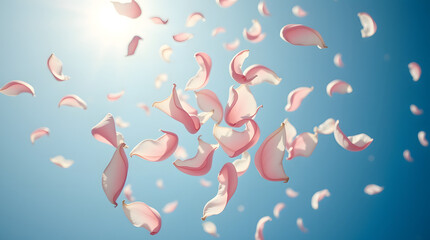 soft pink petals gently floating downwards from a clear blue sky, abstract floral background