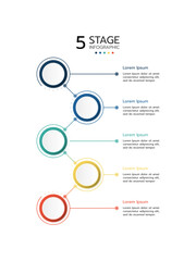 5 Circular elements placed in vertical row. Concept of 5 successive steps of project development process. Flat infographic design template. Simple vector illustration for business analytics.