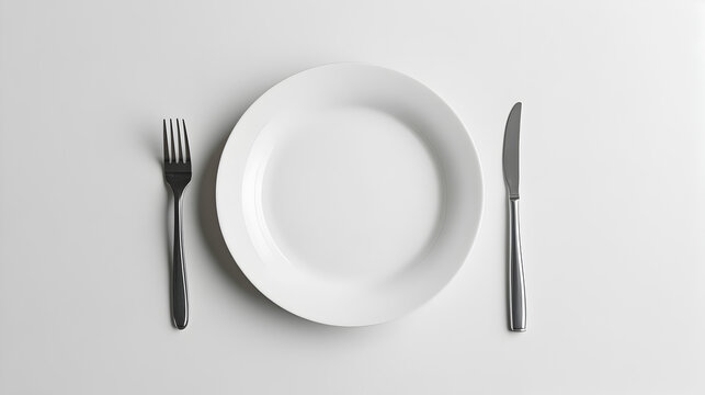 un plato blanco vacio con cubiertos un tenedor y un cuchillo a los lados listo para servir los alimentos sobre un fondo blanco con espacio de copia