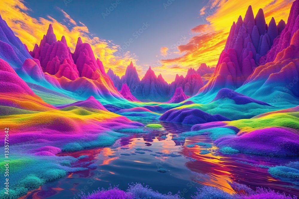 Poster dynamic vibrant 3d rendering of surreal landscape with vivid hues and movement