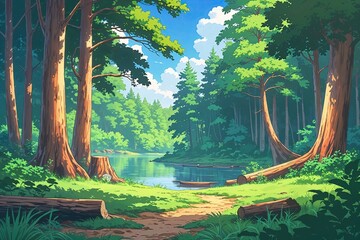 Charming Anime Cartoon Style Timberland Scene Illustration with Serene Nature and Vibrant Colors