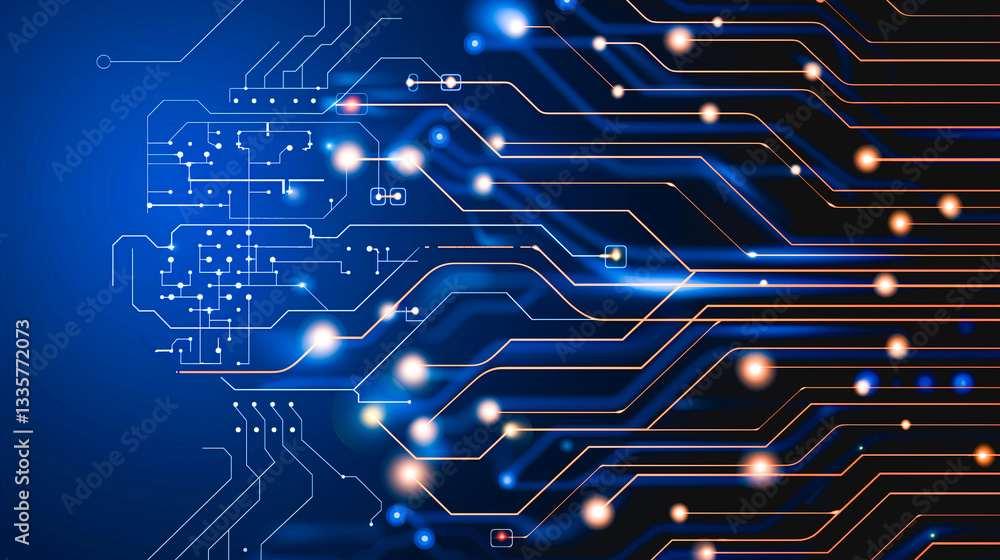 Poster digital pathways: a dynamic depiction of a circuit board, featuring illuminated pathways and data st