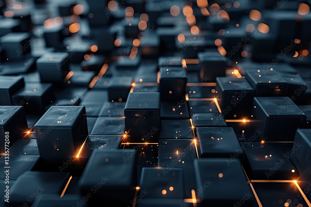 Poster 3d rendering, dark background, cube bricks with light effect computer digital backgroundhigh detail,