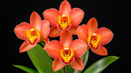 Fototapeta premium Radiance of Orange Orchids Blooming with Yellow Red Accents on a Black Backdrop Display