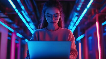 Obraz premium Focused female programmer coding on a laptop in a dimly lit room illuminated by futuristic blue neon lights