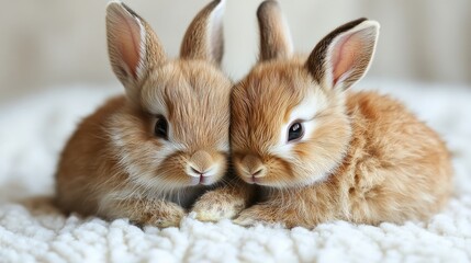 Two adorable baby rabbits snuggled together