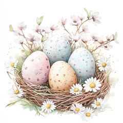 A beautiful pastel egg arrangement nestled in flowers and greenery, perfect for spring.