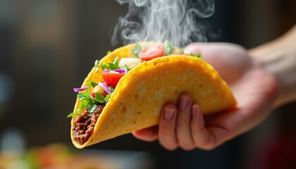 "Hand holding a colorful taco with exaggerated steam rising, hyper realistic."