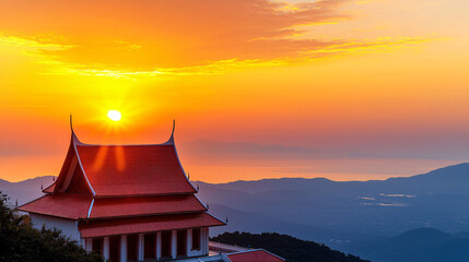 Fototapeta premium Temple Serenity at Dawn Mountains and Sky in Golden Orange Glow Tranquil Asian Scene