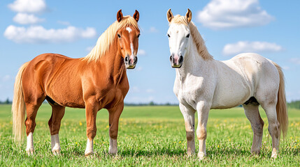 Obraz premium Two Equine Beauties Grazing in a Green Meadow Under a Blue Sky with Wispy Clouds Sunlight