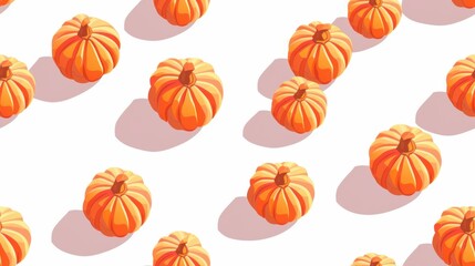 A seamless pattern featuring craft paper pumpkins on a white background with bright sunlight and long shadows in an isometric view, perfect for autumn-themed designs.

