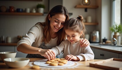 "A mother and child baking cookies together in a cozy home kitchen."