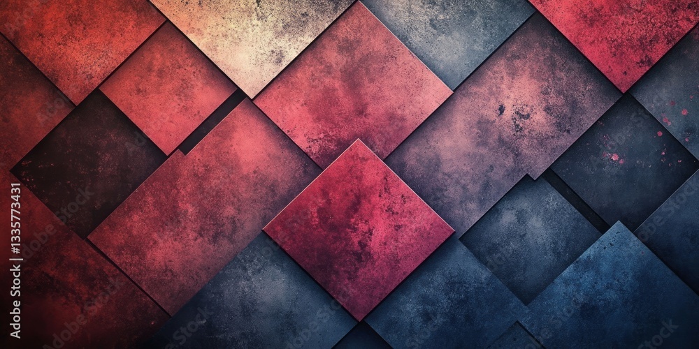 Poster interlocking squares create an abstract design of red and blue hues