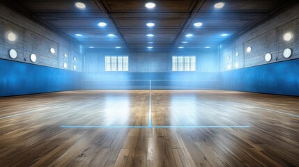 Spacious indoor sports hall with polished wooden floor, bright lighting, and blue accents