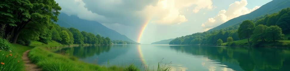 Lush green landscape with vibrant rainbow over a serene lake, tranquil, rainbow, lake