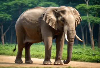 There's an elephant walking on a dirt road