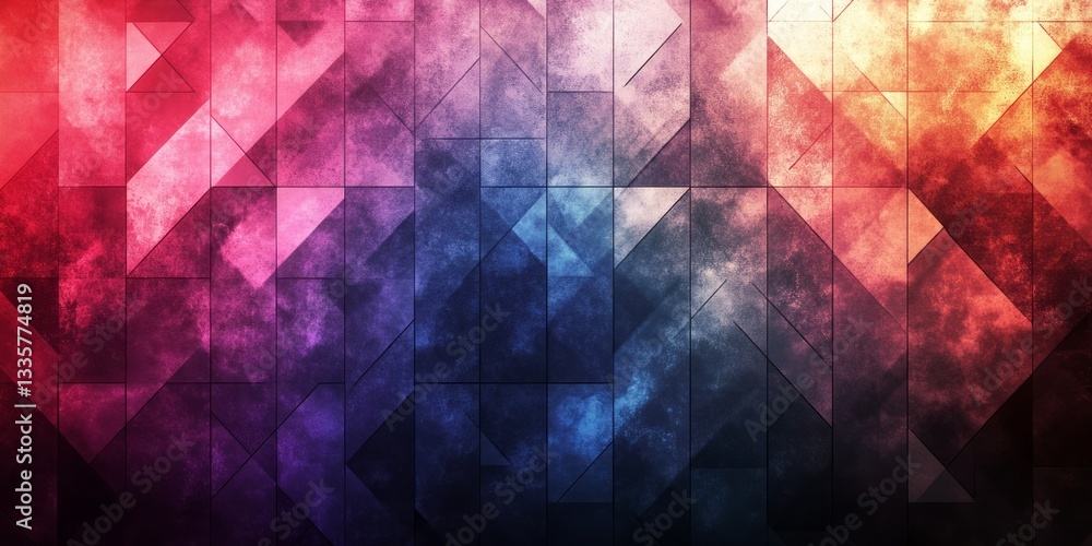 Poster abstract geometric background with colorful triangles and textural overlays