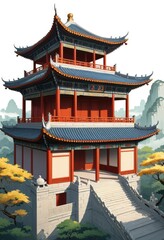 Fototapeta premium There is a large pagoda with steep stairs up