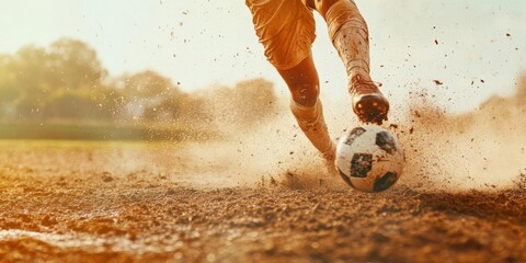 Dynamic moment of a soccer player kicking a ball on a dusty field during sunset