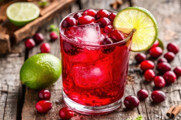 Refreshing cranberry drink served in a glass with ice and lime, set on a rustic wooden table