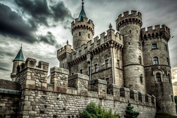 Majestic Stone Castle, Medieval Fortress, Two Towers, Fortified Walls, Epic Fantasy Architecture, Ancient Ruins, Game Background,  High Resolution, Digital Painting