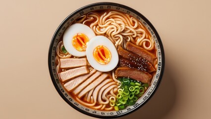  Delight in a bowl of steaming hot ramen surrounded by rich toppings