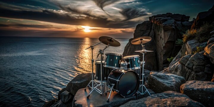Majestic Sunset Landscape with Drum Kit - Epic Nature Drumming Photo
