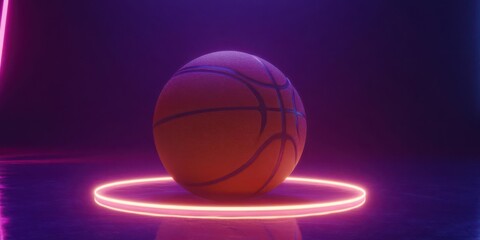 Fototapeta premium A vibrant basketball illuminated by neon lights, centered in a dark, reflective space