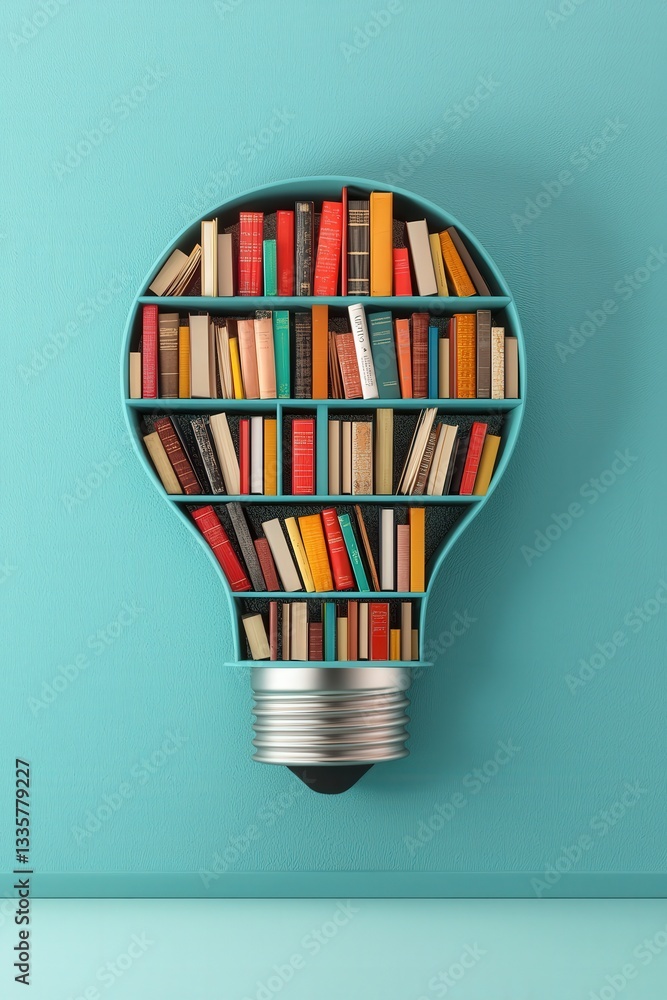 Poster a bookshelf forming the shape of a light bulb, showcasing the storage of knowledge-driven ideas