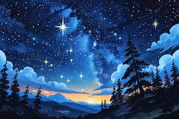 Fototapeta premium Captivating Hand-Drawn Night Sky Illustration with Stars and Serenity