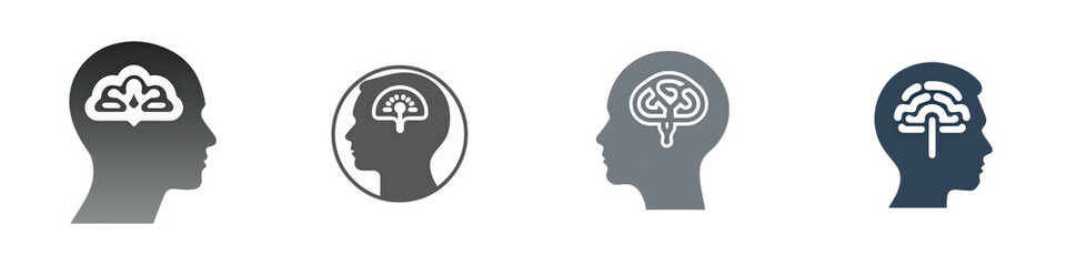 Four head silhouettes, cloud, signal, brain icons isolated on white or transparent