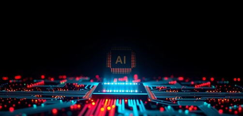 AI microchip emits vibrant light beams across dark background, artificial intelligence,  digital world
